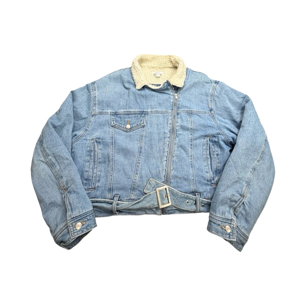 Forever 21 Denim Jacket Women L Blue Moto Faux Sherpa Lined Belted Cropped Borg